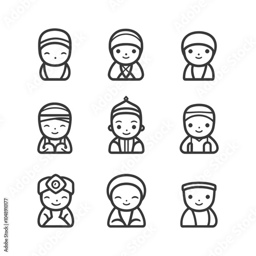 Line art icons of smiling people wearing various headwear