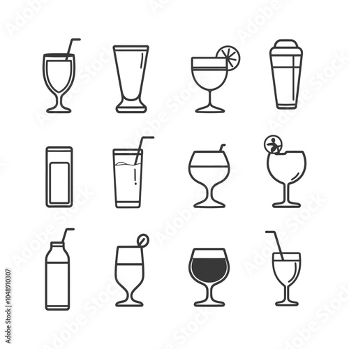 Line Art Icons of Various Drinkware with Straws and Garnishes