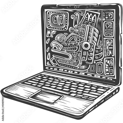 Laptop with Aztec or Mayan Design on Screen