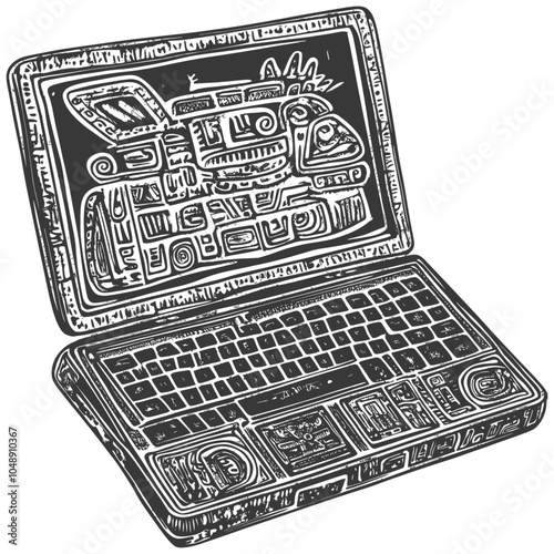 Laptop with a Stylized Aztec Inspired Design on the Screen