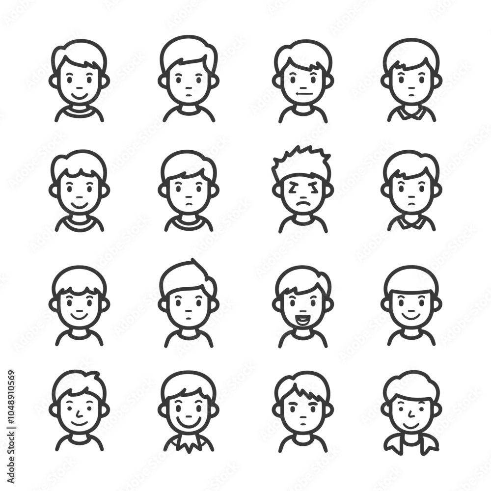 Line Art Icons of Different Male Facial Expressions Line Art Icons of Different Male Facial Expressions