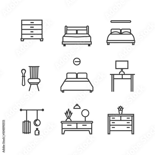 Line Art Icons Depicting Various Bedroom Furniture and Accessories