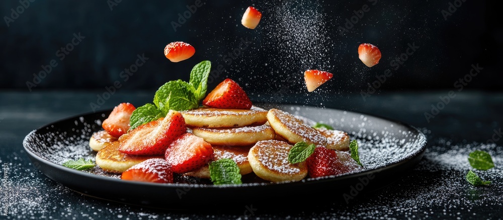 Plate with Dutch mini pancakes known as poffertjes featuring flying ingredients pancakes strawberries and mint dusted with powdered sugar Healthy food concept with copyspace