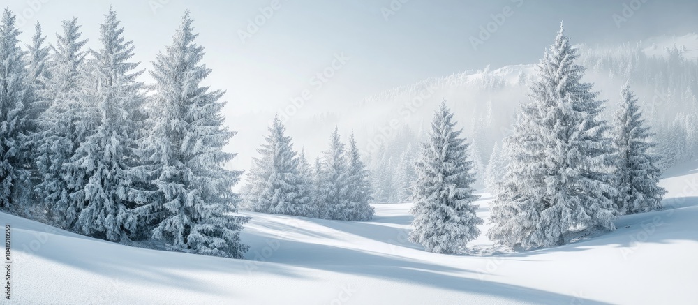 Fototapeta premium A photograph of a snowy landscape featuring trees. with copy space image. Place for adding text or design