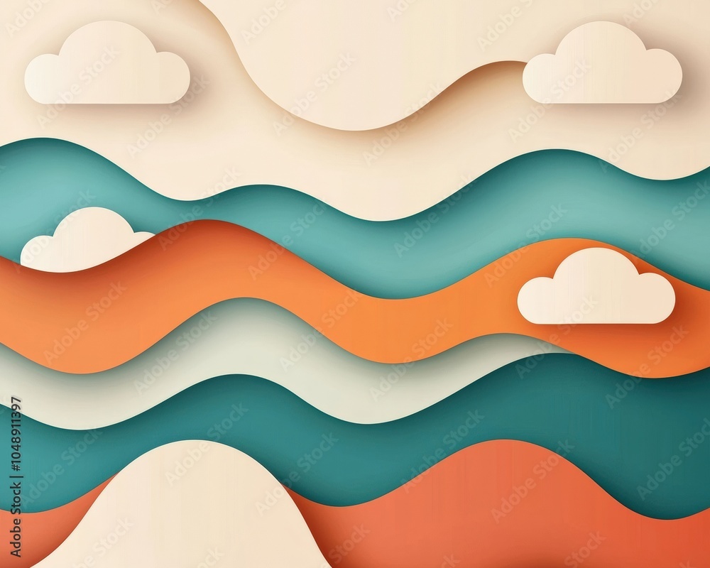 Fototapeta premium Colorful abstract paper waves with clouds create a serene landscape, blending shades of teal, orange, and cream