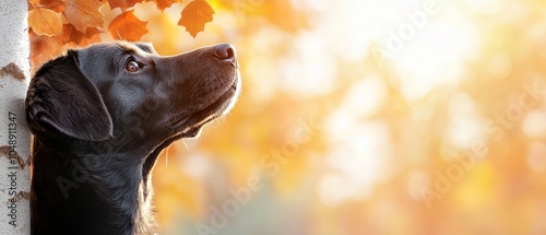  A tight shot of a dog hiding behind a tree, its leafy trunk concealing it, as it gazes upward at the cloud-filled sky