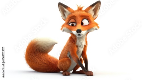 A cartoon fox sitting with its head tilted, looking to the side photo