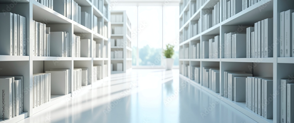 Obraz premium View into a large library, in modern bright architecture, resting places of knowledge and encounter