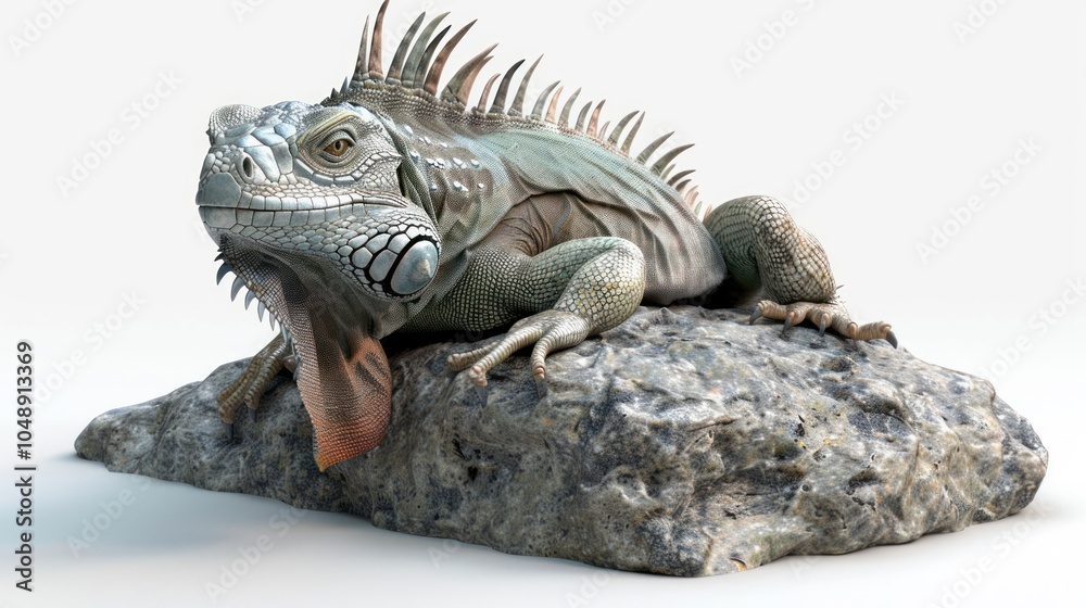 Fototapeta premium Green Iguana Perched on a Rough Grey Rock