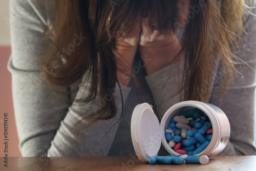 Drug abuse and dependence; a photo of a woman sitting with medication; Stop taking medications