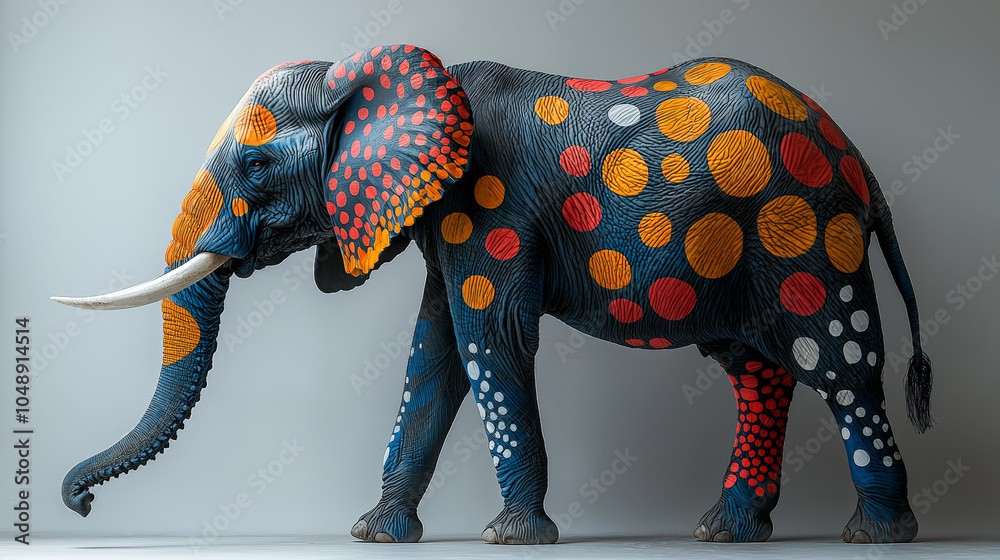 Obraz premium A captivating photoshoot featuring a real elephant adorned with vibrant, colored spots against a clean white background. Generative AI