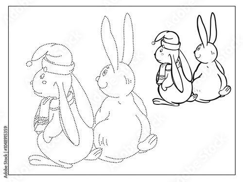 Funny hares, New Year's illustrations, children's educational board games, for coloring