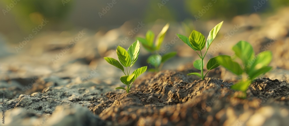 Seedlings of plants growing from sandy soil emerge at crest peaks The leaves are blurred in the background leaving space for copy text Seedlings of plants growing from sandy soil emerge at crest peaks The leaves are blurred in the background leaving space for copy text