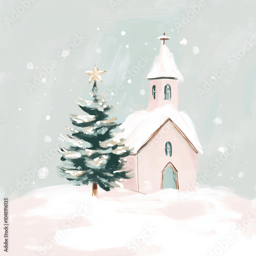 Snowy Peaceful Winter Scene with Pastel Little Pink Chapel with a Christmas Tree photo