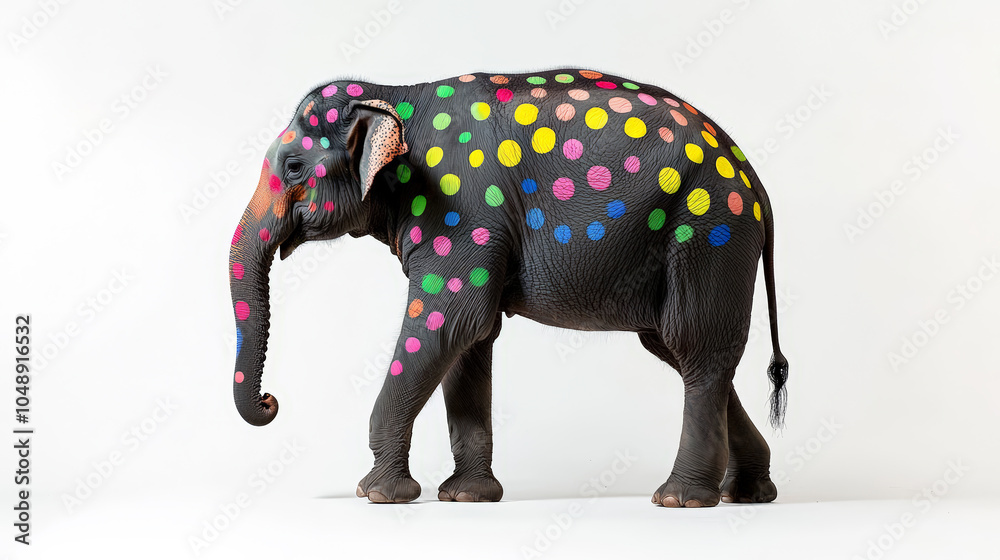 Obraz premium A captivating photoshoot featuring a real elephant adorned with vibrant, colored spots against a clean white background. Generative AI