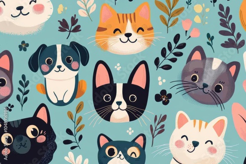 Playful pattern of various pets like cats and dogs, illustrated in cartoon style with friendly expressions, bright colors, and whimsical touches, adorable and heartwarming 