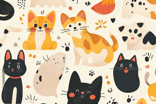 Playful pattern of various pets like cats and dogs, illustrated in cartoon style with friendly expressions, bright colors, and whimsical touches, adorable and heartwarming 