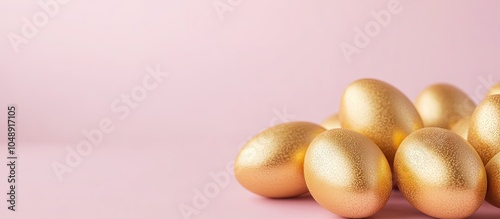 Easter backdrop Golden handmade decorated eggs for Easter on a pink background Minimalist Easter concept Flat lay of golden Easter eggs. with copy space image. Place for adding text or design photo