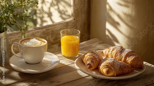 A delightful breakfast spread includes flaky croissants, fresh orange juice, and a beautifully crafted coffee, all set in a cozy, sunlit rustic environment