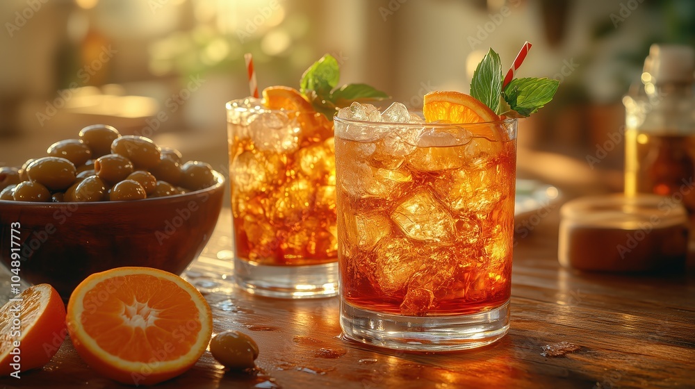 A vibrant Aperol spritz served in two glasses sits beautifully on a wooden table, accompanied by fresh olives and oranges. The sunlight creates a warm atmosphere perfect for breakfast A vibrant Aperol spritz served in two glasses sits beautifully on a wooden table, accompanied by fresh olives and oranges. The sunlight creates a warm atmosphere perfect for breakfast