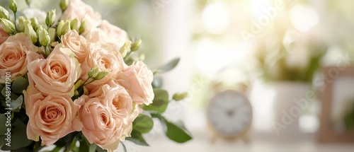  A tight shot of a flower arrangement on a table against a backdrop of a ticking clock and sunlit window