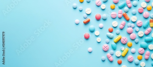Colored pills on a blue background with copyspace Idea of medicine treatment and healthcare