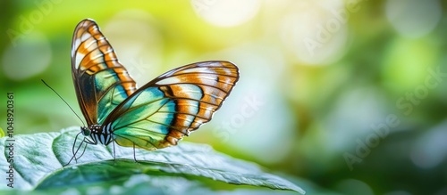 Close up of a Siproeta stelenes Malachite butterfly resting beneath a leaf. with copy space image. Place for adding text or design photo