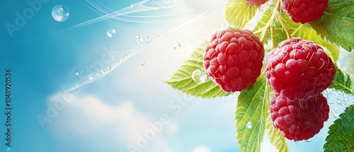 Wallpaper Mural  A branch laden with ripe raspberries, dripping with water droplets; behind, a clear blue sky Torontodigital.ca