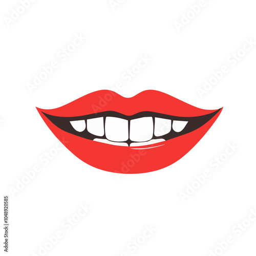 Minimalist vector logo for a veneers company, featuring a red smile with bright teeth on a white background, symbolizing dental care and bright smiles.