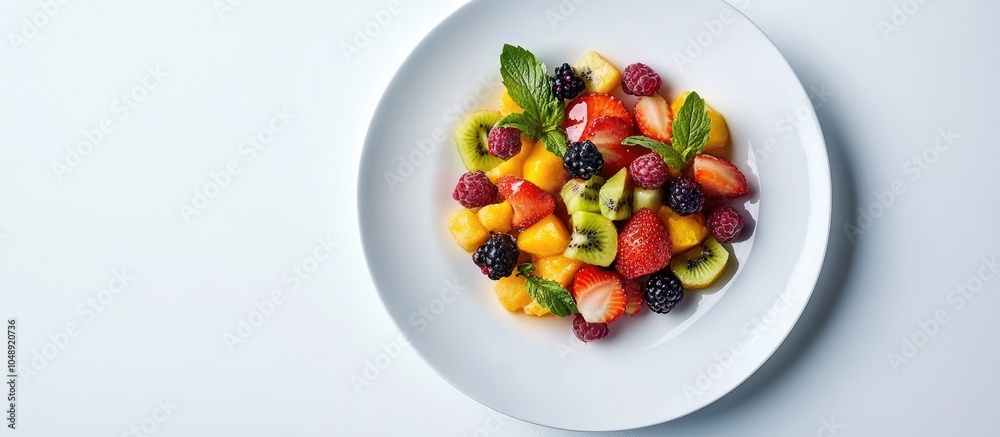 From above a vibrant dish featuring a tasty mix of fresh tropical fruits and berries on a white round plate on the table. with copy space image. Place for adding text or design From above a vibrant dish featuring a tasty mix of fresh tropical fruits and berries on a white round plate on the table. with copy space image. Place for adding text or design