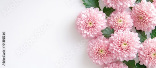 Pastel colored cluster of pink chrysanthemum flowers in close up on a white background accompanied by green leaves. with copy space image. Place for adding text or design