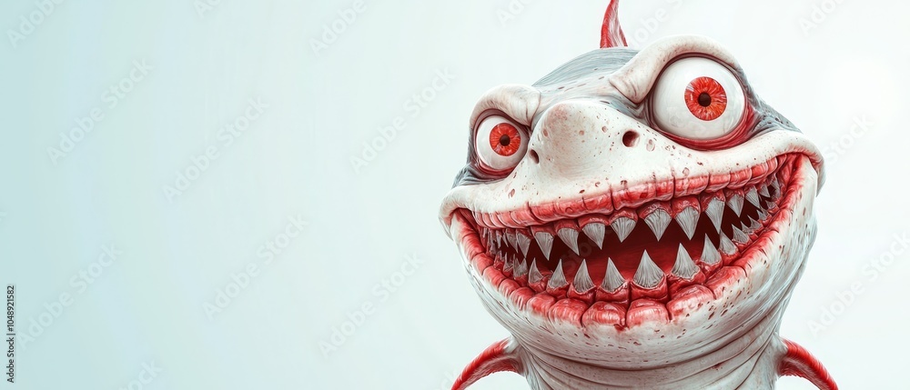 A tight shot of a menacing creature with enormous red eyes and a jaw teeming with razor-sharp teeth A tight shot of a menacing creature with enormous red eyes and a jaw teeming with razor-sharp teeth