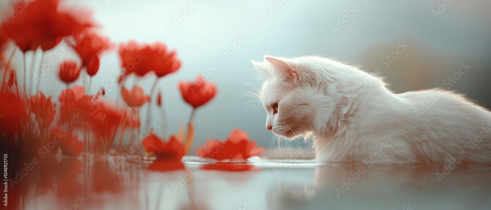  A white cat atop a table, beside a cluster of red blooms