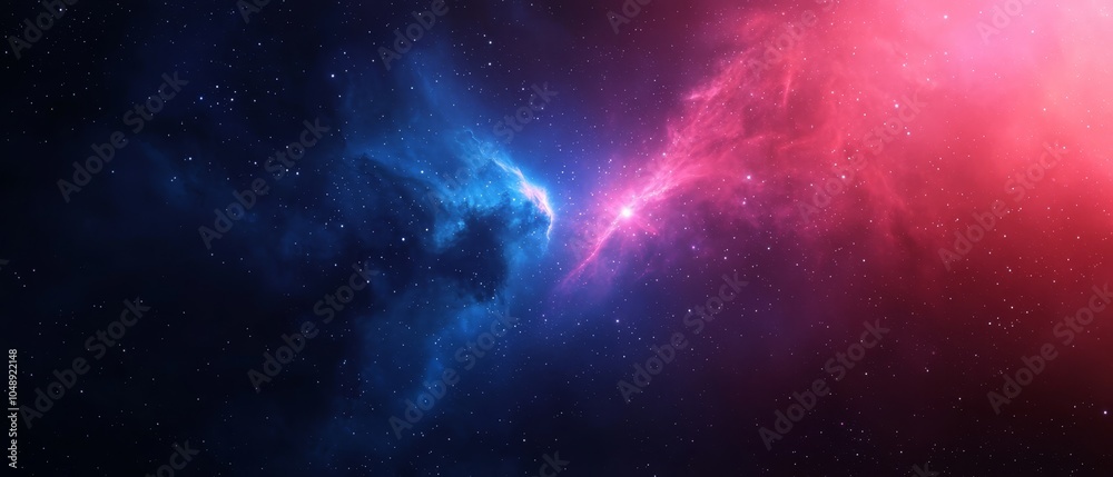 A colorful space filled with stars A bright pink and blue star at the center A colorful space filled with stars A bright pink and blue star at the center