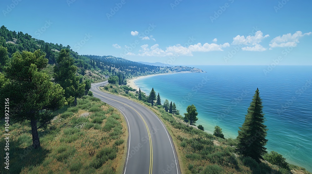 Obraz premium Coastal road with ocean and trees under blue sky