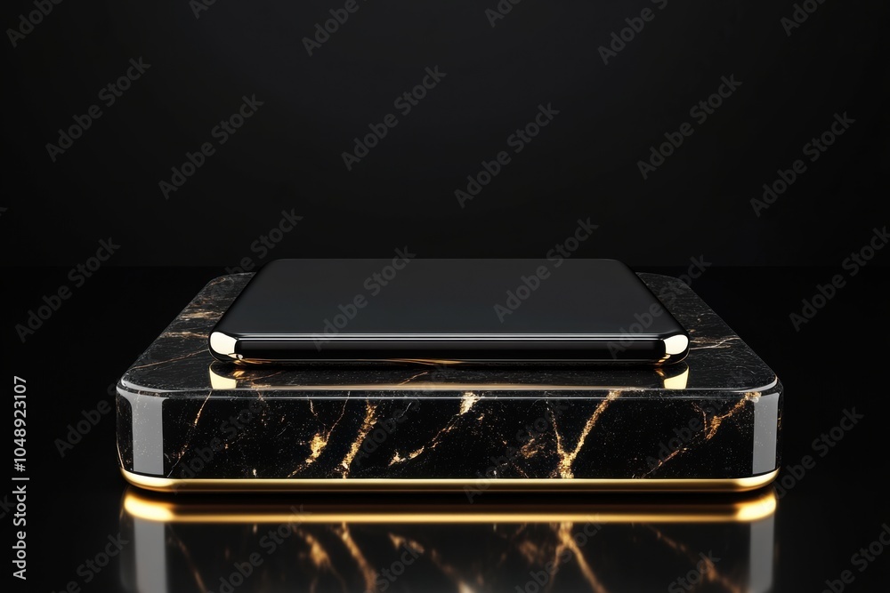 Stylish 3D rendering of a tech gadget on a black marble base with gold accents, realistic lighting, and smooth reflections, luxurious and modern Stylish 3D rendering of a tech gadget on a black marble base with gold accents, realistic lighting, and smooth reflections, luxurious and modern