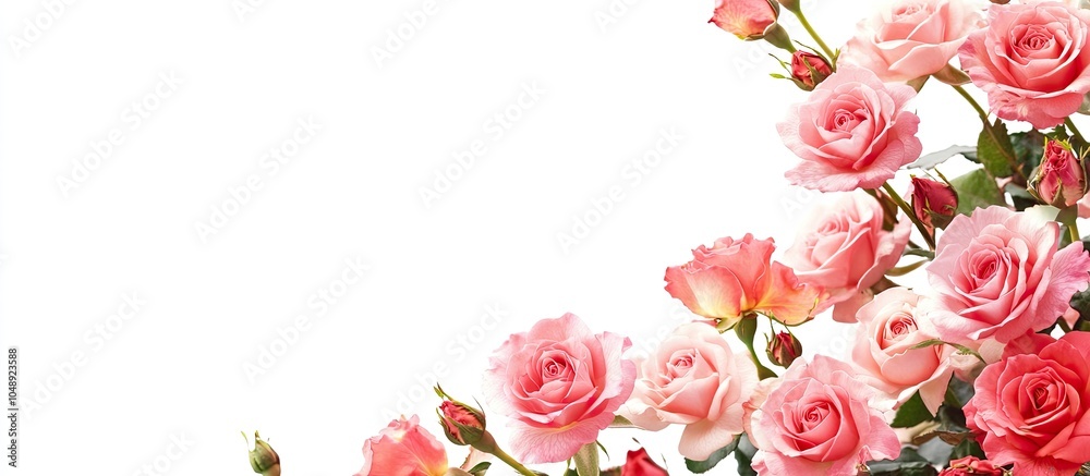 Fototapeta premium Pink rose flowers in a corner floral arrangement set against a white background. with copy space image. Place for adding text or design