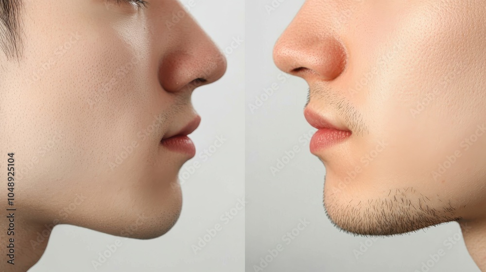 Obraz premium A close-up comparison of a personâ€™s face before and after weight loss, showing changes in facial structure, reduced puffiness, and a more defined jawline