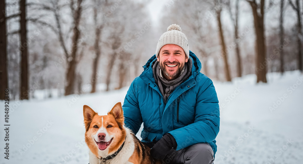 Fototapeta premium Smiling man in a hat and jacket and a dog against the backdrop of a winter landscape