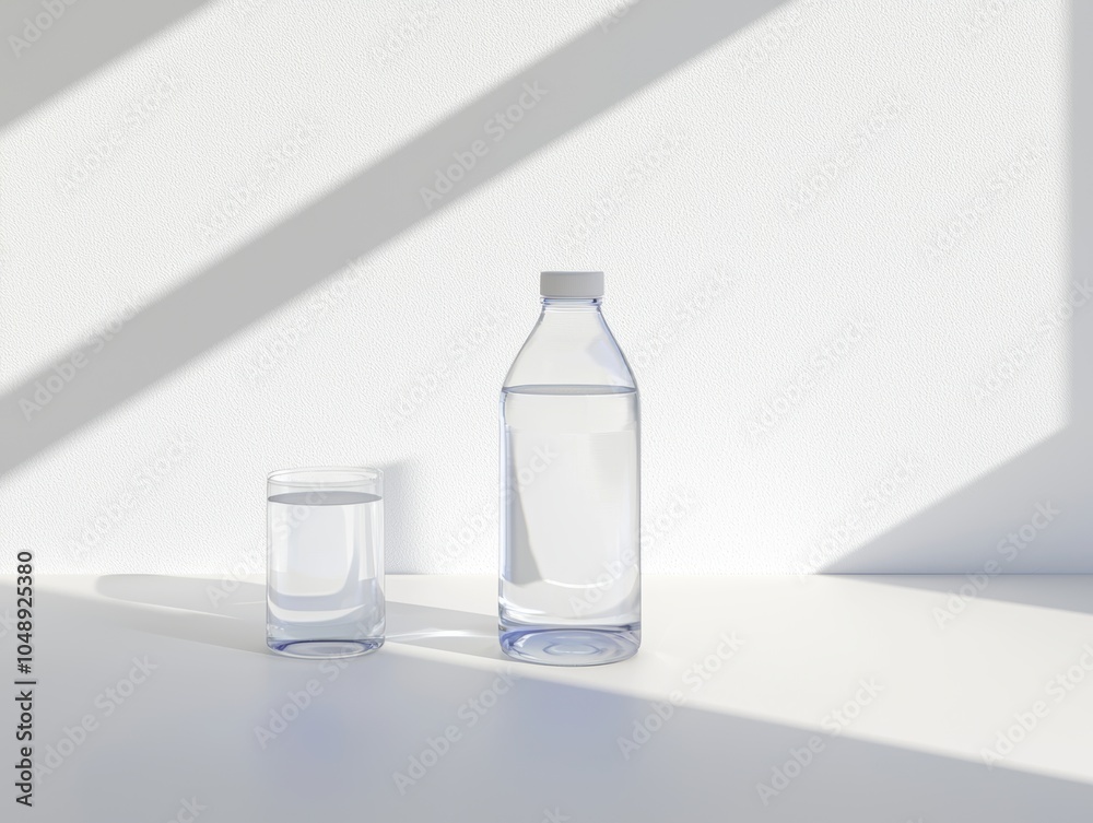 3D model of a transparent water bottle, showing liquid level, cap details, and light reflections for realism 3D model of a transparent water bottle, showing liquid level, cap details, and light reflections for realism