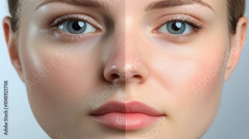 A close-up comparison of a persons face before and after weight loss, showing changes in facial structure, reduced puffiness, and a more defined jawline.