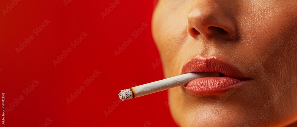 Naklejka premium A woman holds a cigarette between her lips against a red wall background, smoking