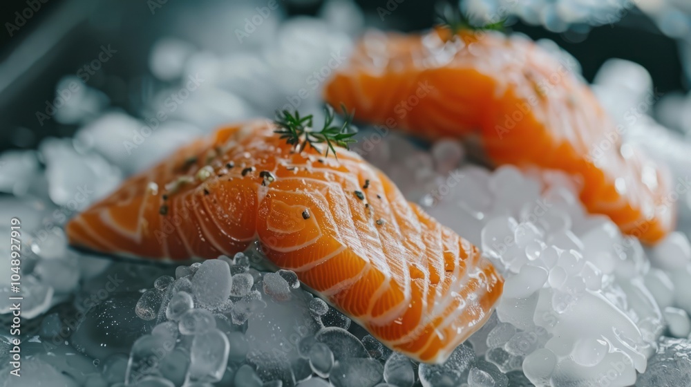 Fresh Salmon Filets on a Bed of Ice with Herbs Fresh Salmon Filets on a Bed of Ice with Herbs