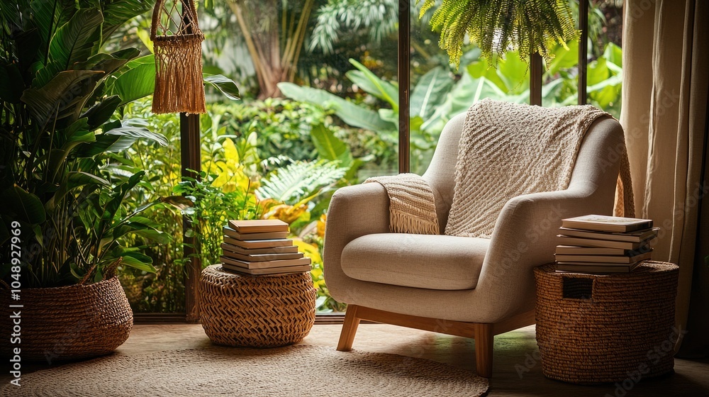 Fototapeta premium A cozy bohemian reading nook with a comfortable armchair