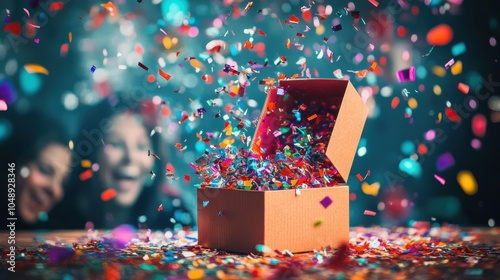 A festive scene with an open gift box revealing a special surprise inside, with colorful confetti flying through the air and joyful faces in the background.