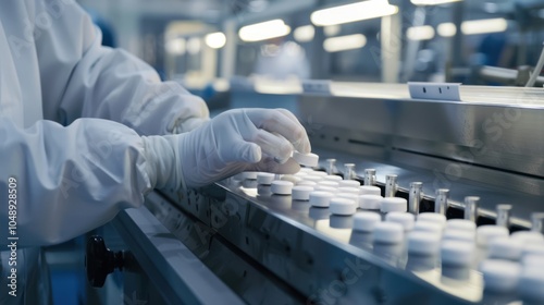 A gloved hand places a cap on a pharmaceutical bottle on a conveyor belt.