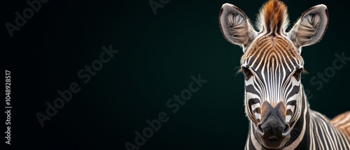  A tight shot of a zebra's head against a black backdrop, its surroundings softly blurred behind