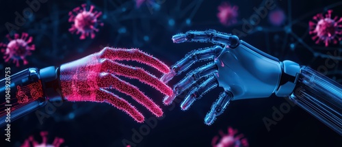 Futuristic robotic hands reaching towards each other, digital elements and virus motifs in background. photo