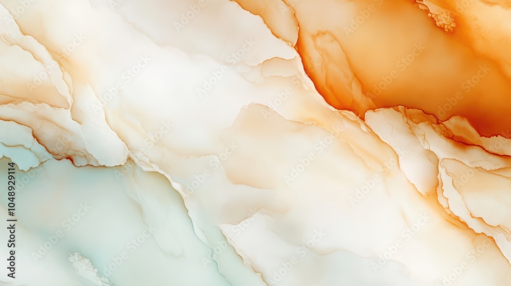 Abstract Marble Swirl in Warm Hues: A delicate blend of soft white, creamy beige, and warm orange hues creates an abstract pattern reminiscent of marble, with flowing.