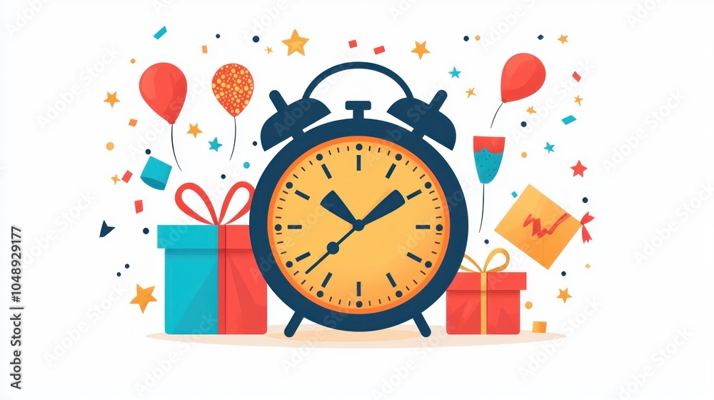 Midnight Celebration - Flat New Year Clock Illustration with Festive Elements on Plain Background Midnight Celebration - Flat New Year Clock Illustration with Festive Elements on Plain Background